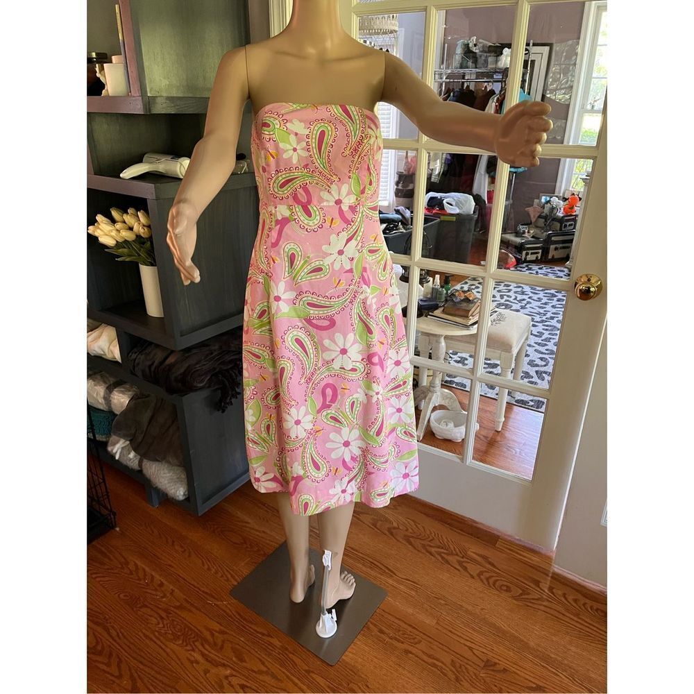 Lilly Pulitzer Vintage Pink Sands Cheery-O Strapless Back Tie Midi Dress sz 6